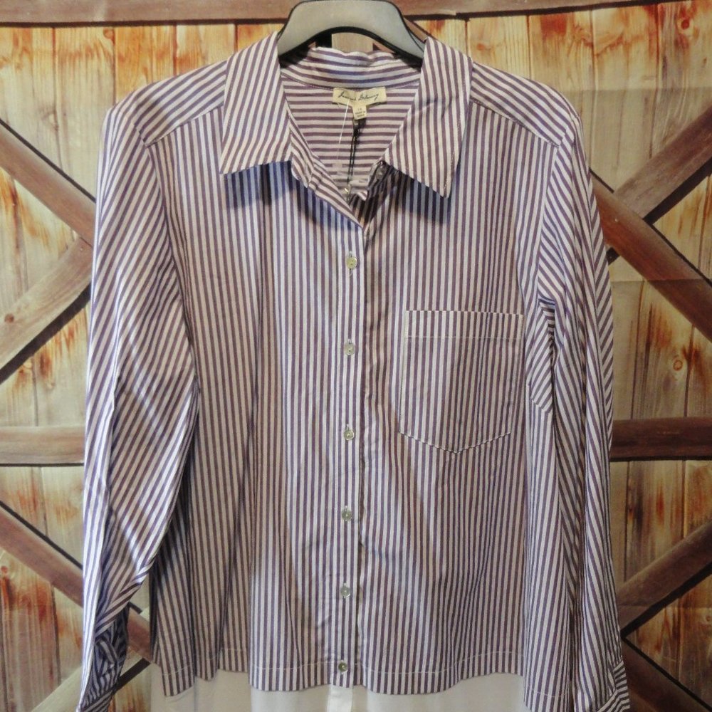 Jane & Delancey Purple & White Striped Button down blouse, NWT~Office we…